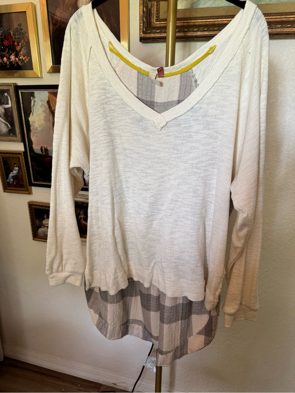 Anthro Pilcro Cream Layered V‑Neck Tunic with Plaid Hem M